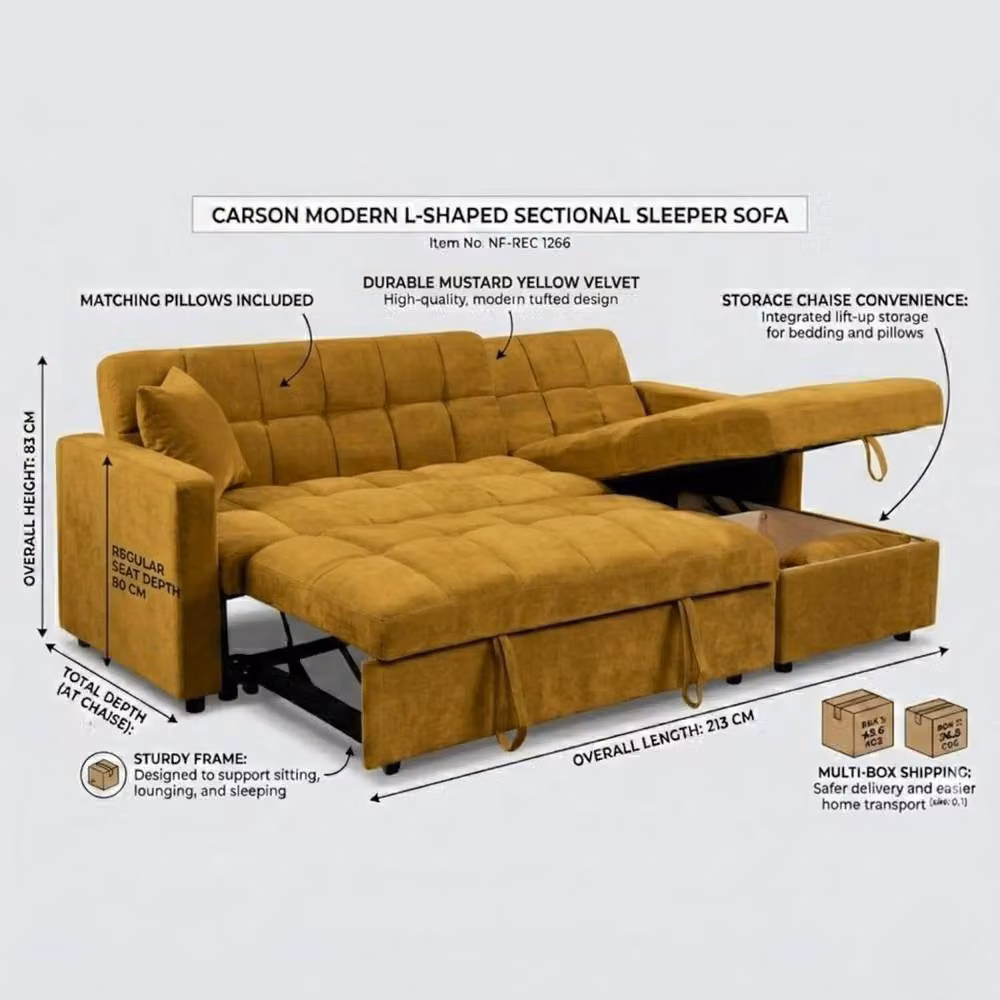 Bed Time UK Luxora L-Shaped 3 Seater Sofa Bed with Storage Chaise in Yellow – 2
