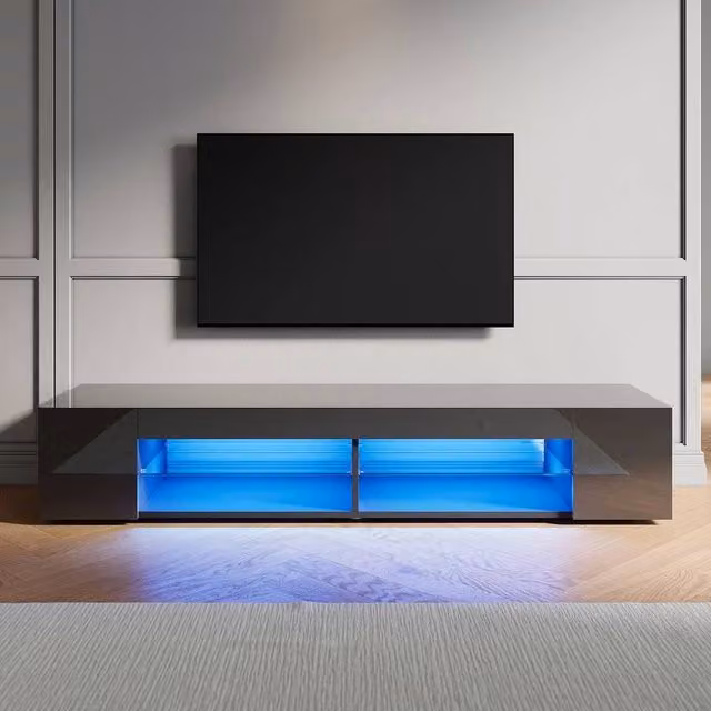 ERGOVEXA Black Modern TV Stand Cabinet with Integrated LED Lights and Storage Shelves, W/D/H: 120 x 39 x 39 cm – 1