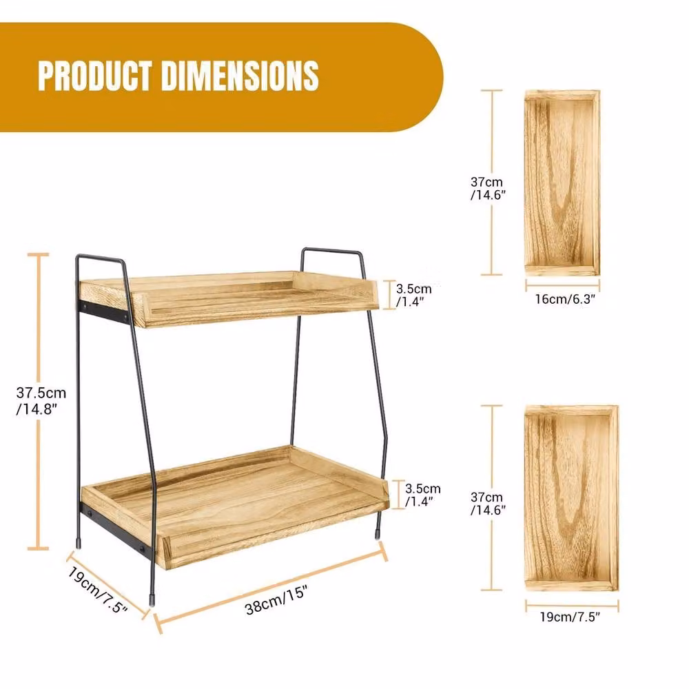 VOGREX 2 Tier Free Standing Spice Jar Storage Organiser in Beige Wood, W: 38.0 cm, D: 19.0 cm, H: 37.0 cm – 2