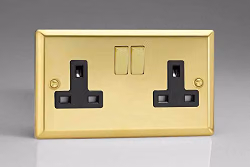 Varilight XV5DB 13A 2-Gang Switched Socket in Black Victorian Brass and Yellow – 1