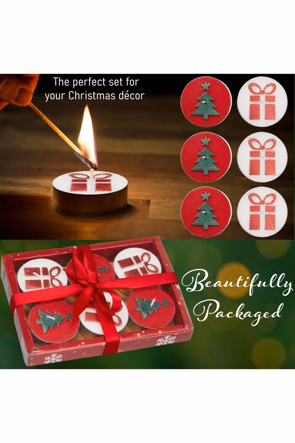 Deco Express Christmas Multicolour Tealights, 6 Piece Pack with 6 Hour Burn Time – 3