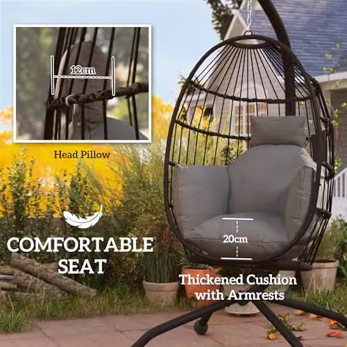 Outsunny Hanging Egg Chair with Folding Basket and Thickened Cushion in Dark Grey – 3