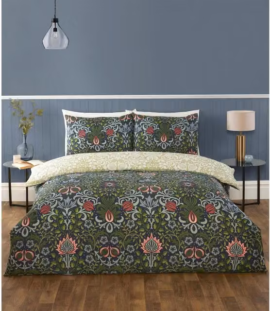 Rapport Reversible Art Nouveau Floral Microfibre Duvet Cover and Pillowcase Set, Blue and Multicolour, W: 180 cm x L: 200 cm