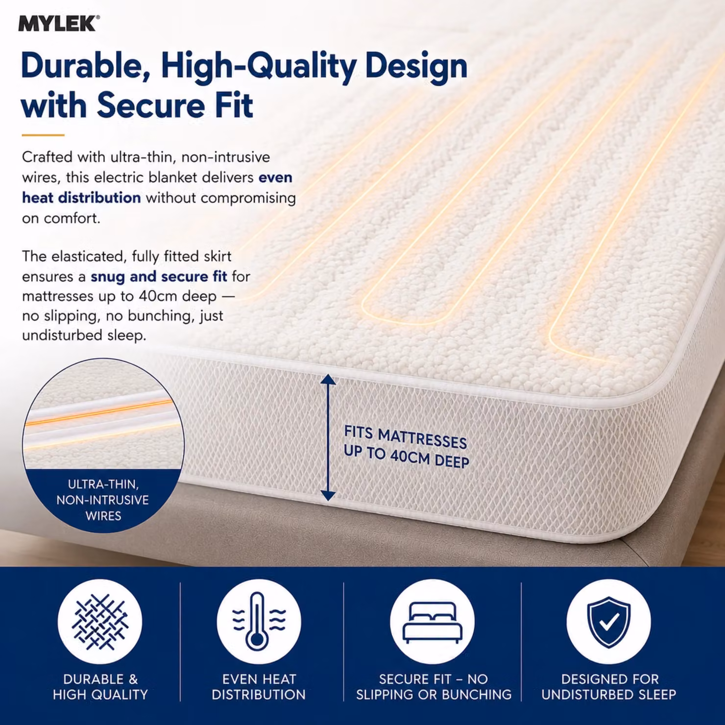 MYLEK White Fleece Electric Heated Fitted Mattress Cover, Double Bed Size, 140 x 200 cm – 3
