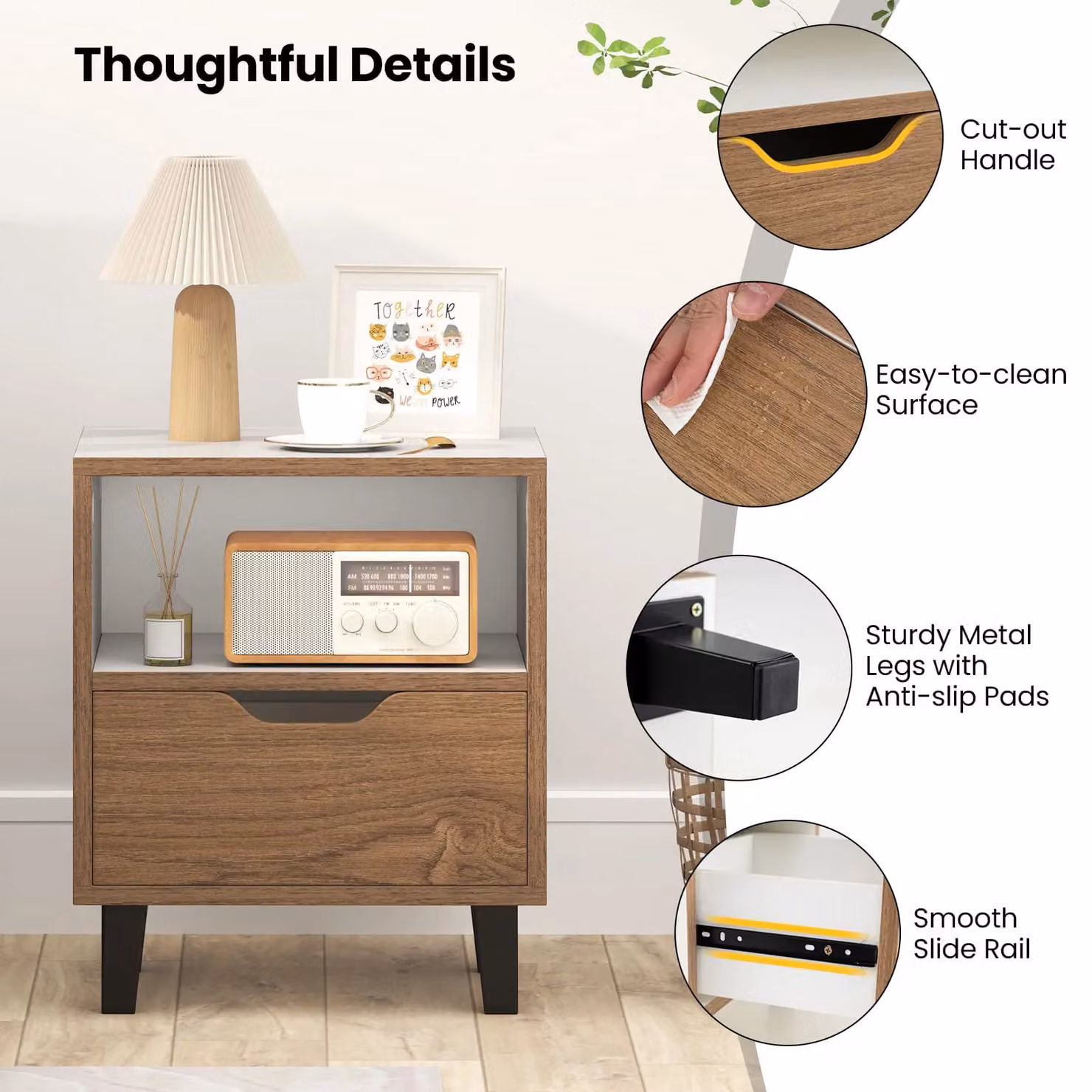 Costway Mid Century Modern Nightstand with Drawer and Storage Shelf in White – 4