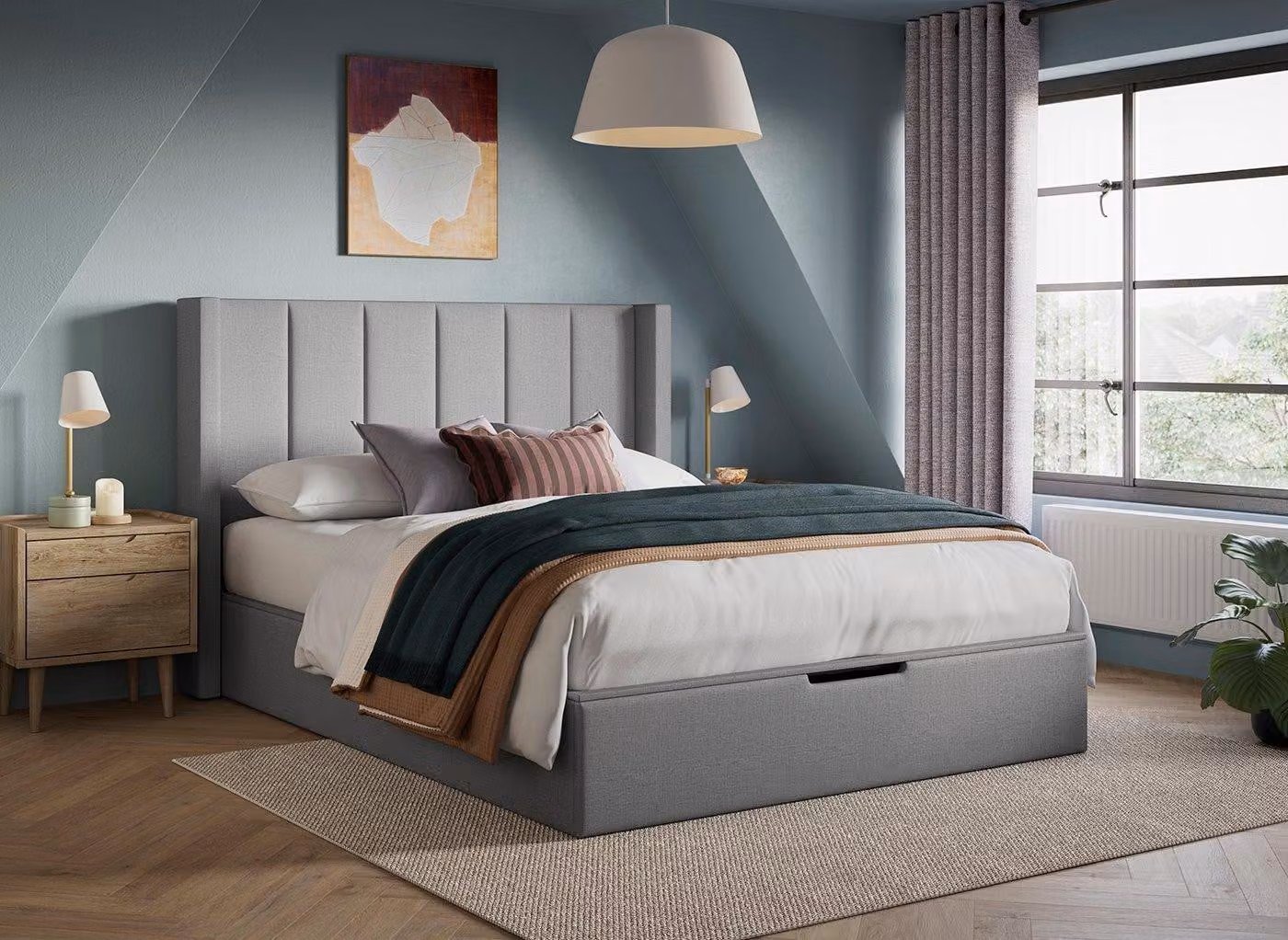 Adwell Modern Upholstered Ottoman Bed Frame with Lift Up Base in Blue, Silver or Grey Fabric