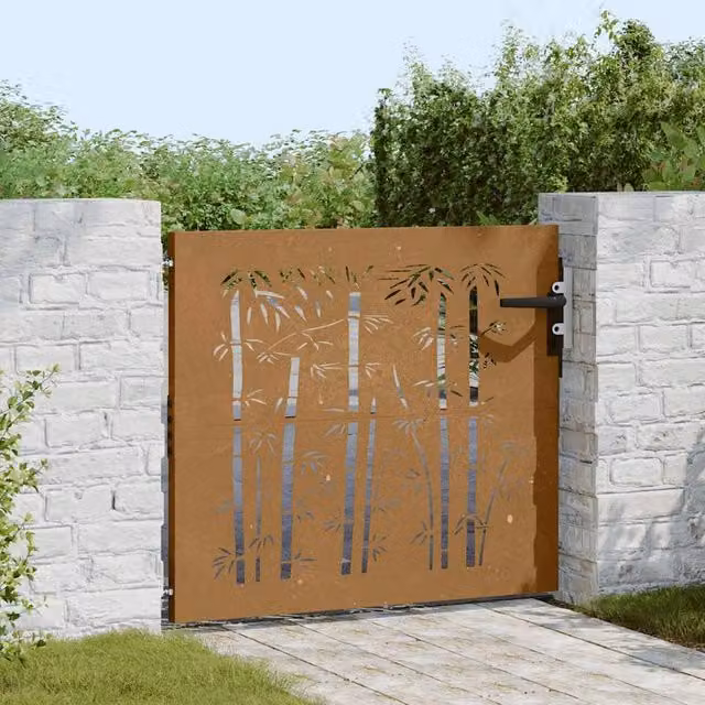 Berkfield Home Beautiful Garden Gate in Brown Corten Steel with Bamboo Design, W: 85 cm, H: 100 cm – 1