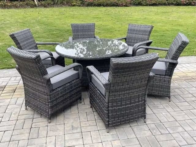 Fimous Rattan Garden Dining Set with Round Glass Table and 6 Chairs in Dark Grey