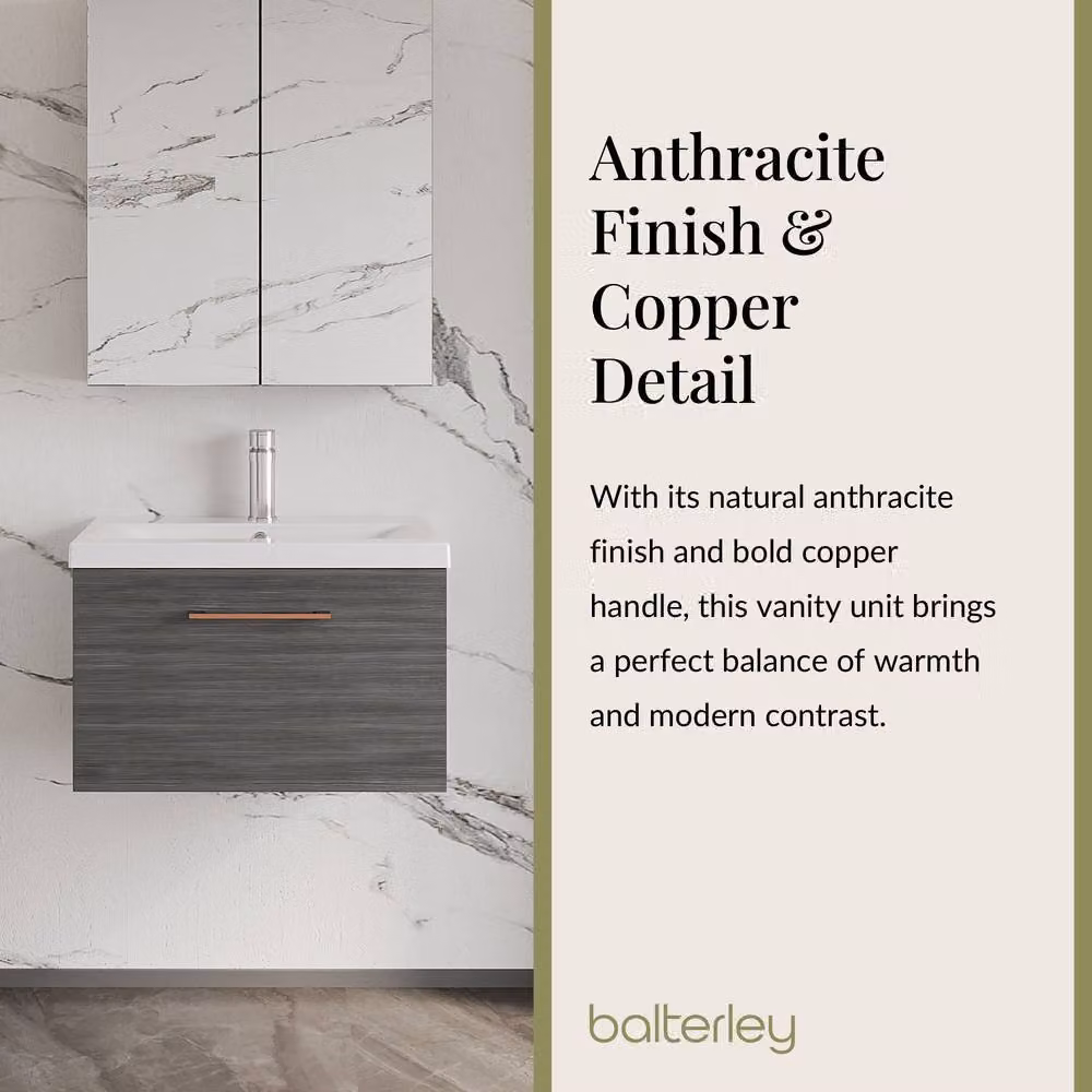 Balterley 600mm Wall Hung 1 Drawer Vanity in Woodgrain Anthracite Grey with Copper Handle – 3