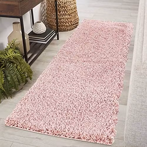 Serdim Rugs Plain Pink Rectangular Hallway Runner Rug, W: 60 cm, L: 220 cm