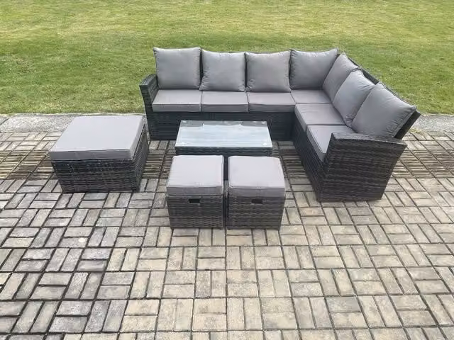Fimous Dark Grey Rattan Outdoor Garden Furniture Set with High Back Corner Sofa, Rectangular Coffee Table and 3 Footstools