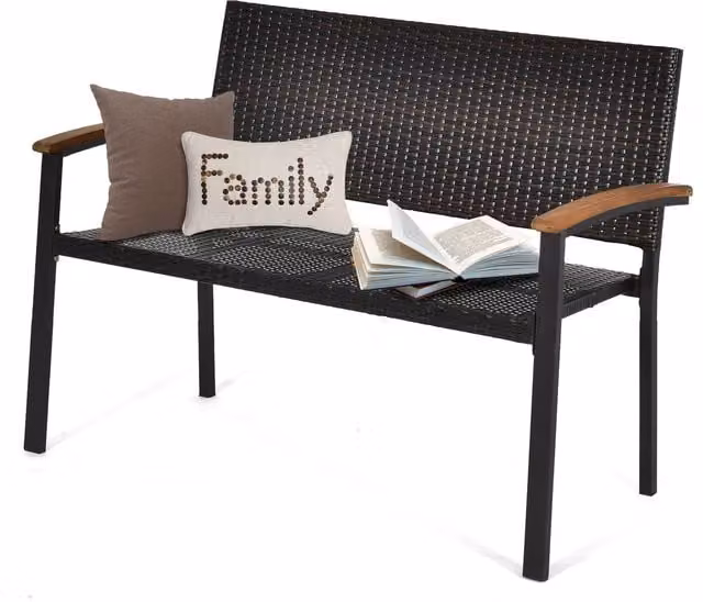 COSTWAY Brown PE Wicker Stackable Loveseat with Armrests