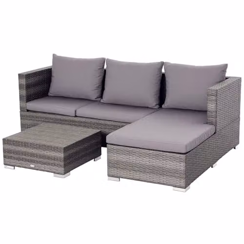 Outsunny 4-Seater L-Shape Rattan Garden Furniture Set with Coffee Table and Upholstered Cushions in Grey – 2