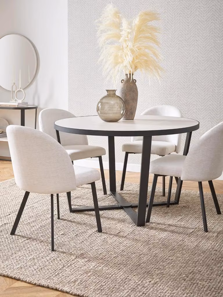 Cortes Dining Set with Round Ceramic Table and 4 Upholstered Chairs in Black and White