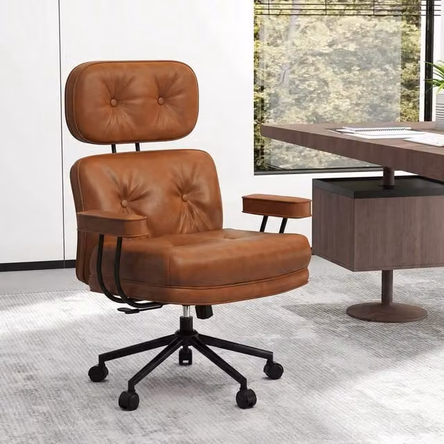 Gymax Brown Synthetic Leather Upholstered Office Chair with Tufted Seat, Headrest and Swivel Castors