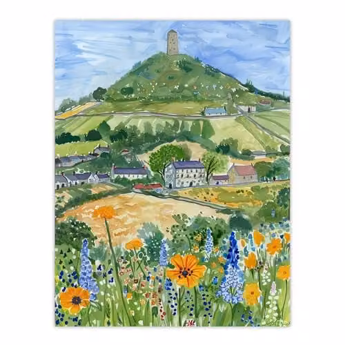 Artery8 Glastonbury Tor Spring Floral Somerset Landscape Wall Art Poster Print, Multicolour, W: 45.72 cm, H: 60.96 cm – 1