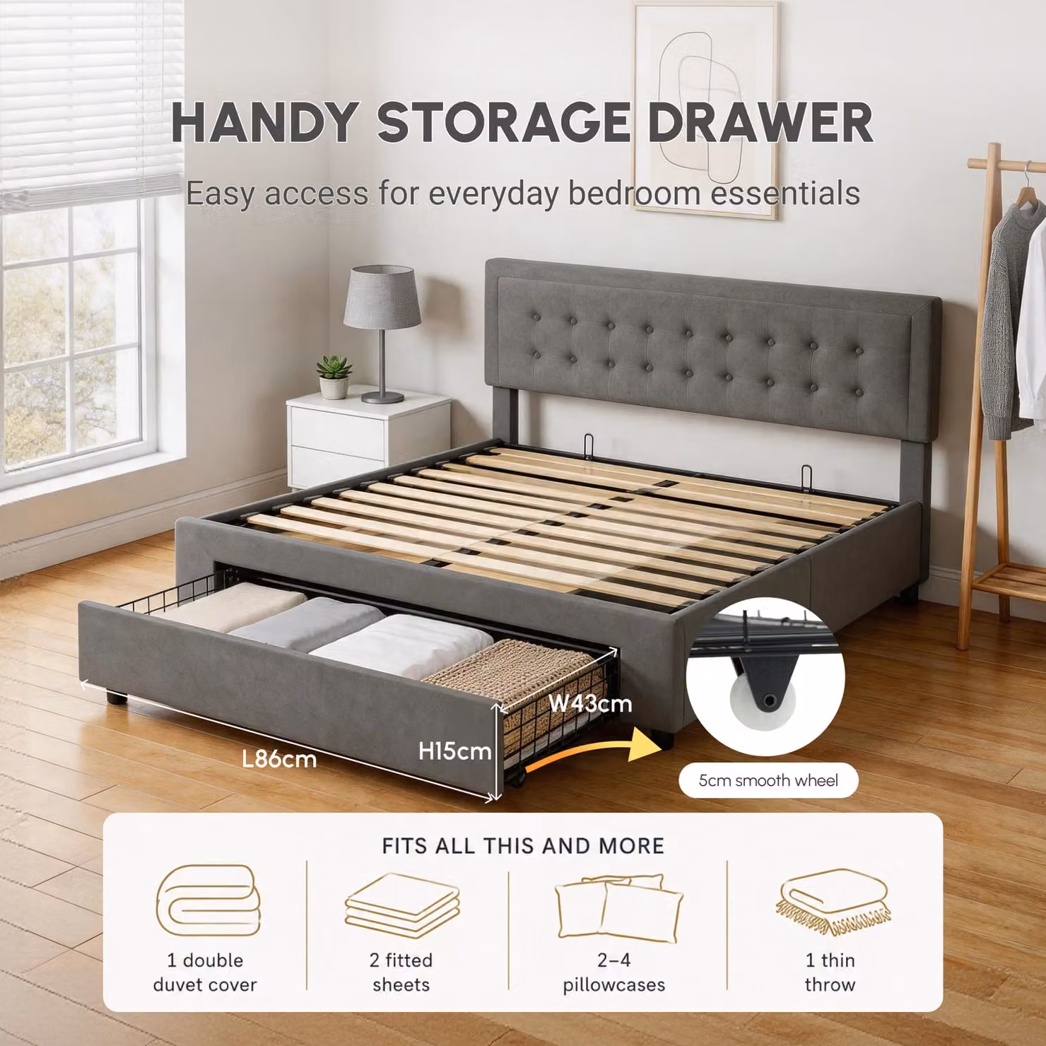 HOMCOM King Size Ottoman Bed Frame in Grey with Front Drawer and Adjustable Headboard, W/D/H: 180 x 203.5 x 157.5 cm – 4