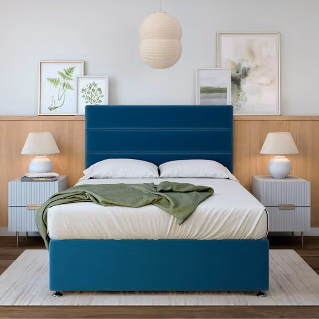 Bedmaster Plush Velvet Divan Base with Storage Drawers and Lined Headboard in Marine Blue, W/D/H: 150 x 200 cm