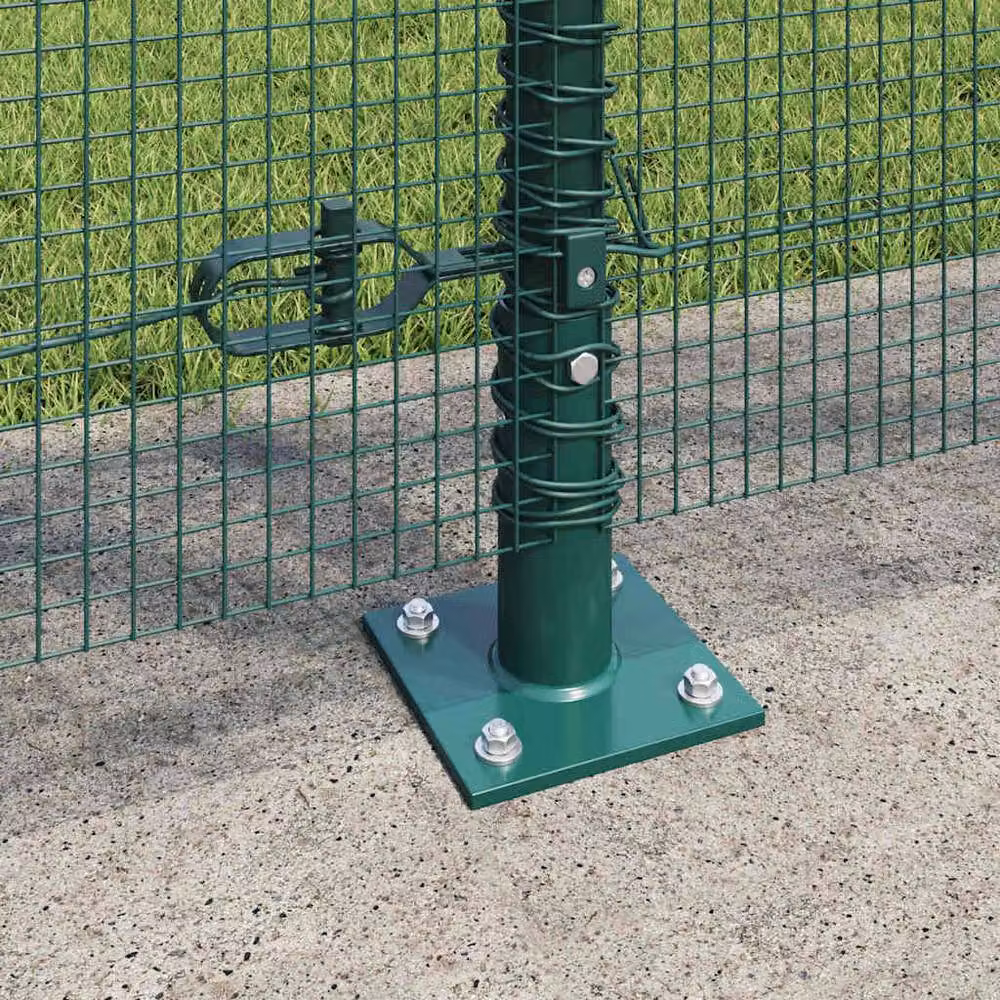 Berkfield Home Green Powder-Coated Steel Welded Wire Fence with 7 Flanged Round Surface-Mounted Posts, W: 10 m, H: 2 m – 4