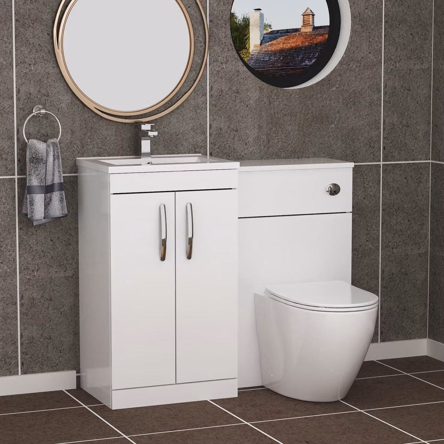 Royal Bathrooms Gloss White 1000mm 2 Door Vanity Unit with Minimalist Basin and Slim Elva Back to Wall Toilet