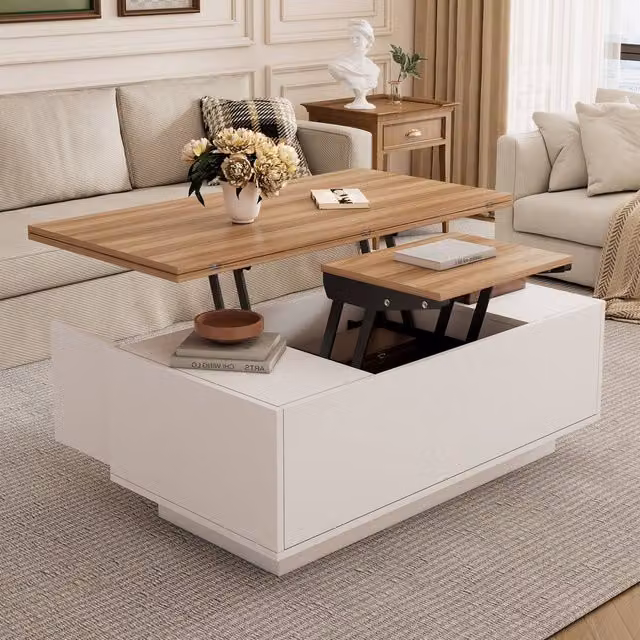 Merax Extendable Lift Top Coffee Table with 2 Cabinets and Hidden Storage in Light Oak – 1