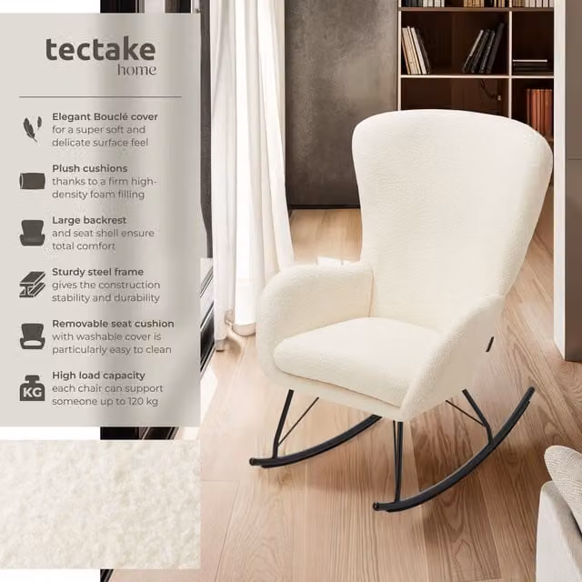 tectake Modern Rocking Chair Swing Armchair with Metal Frame and Thick Padding in Cream and Black