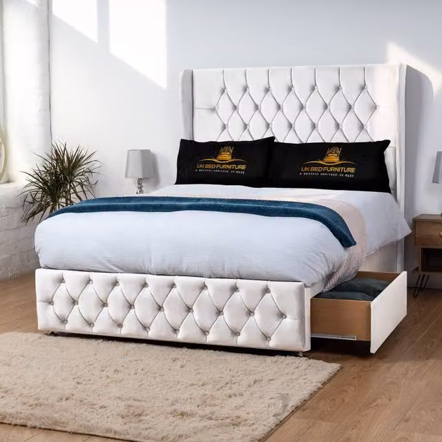Luxor Living Luxor Wingback Divan Bed with 54 Inch Headboard and 2 Foot End Drawers, White Velvet, W/D/H: 140 x 200 cm