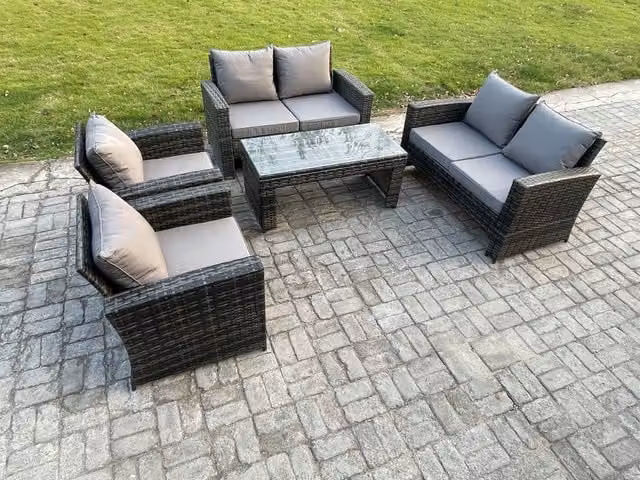 Fimous 6 Seater Dark Grey Mixed High Back Rattan Garden Furniture Set with Coffee Table and Love Sofa