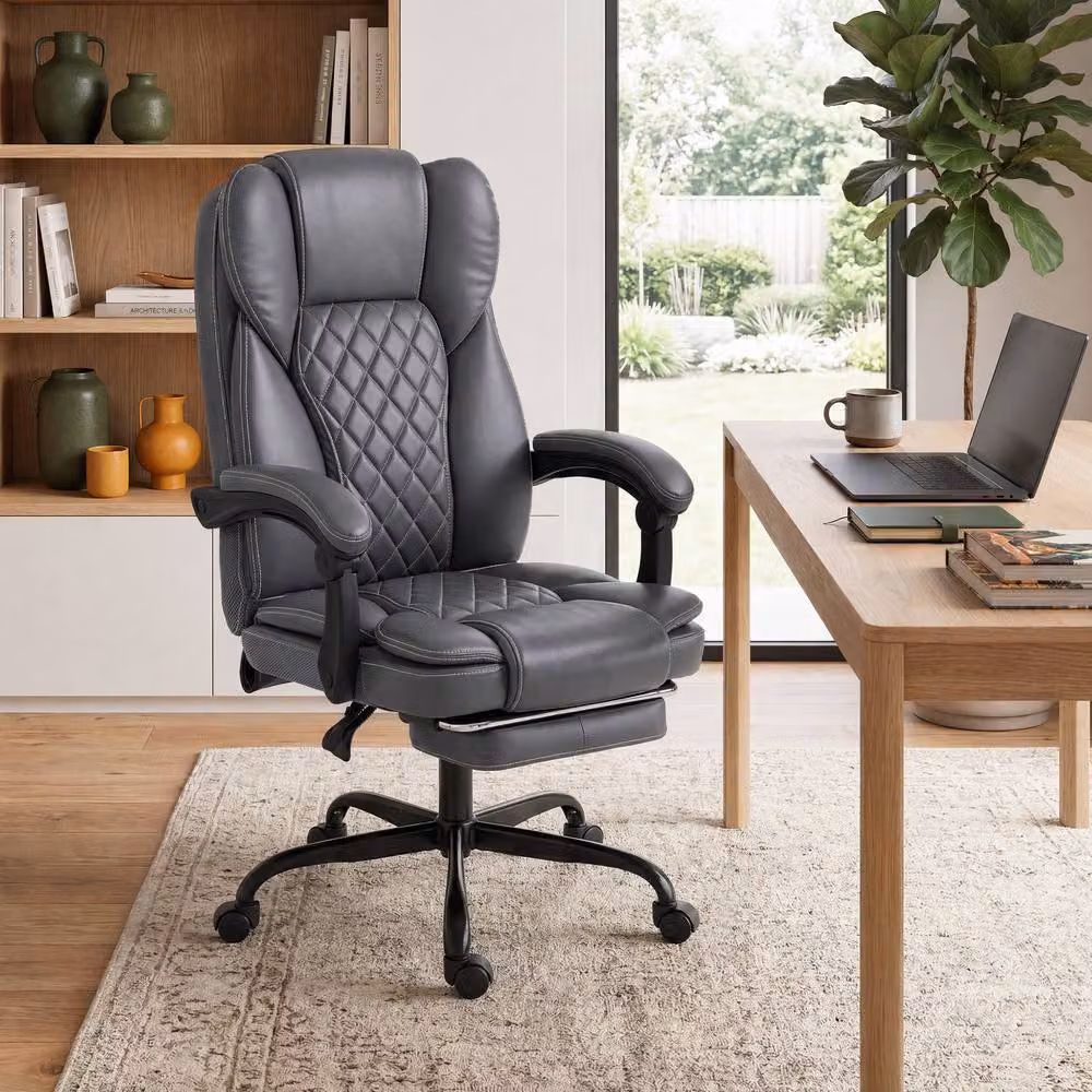 STILVORA Grey Synthetic Leather Office Chair with Footrest and Headrest – 3