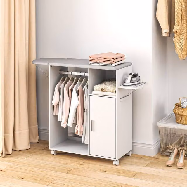 HOMCOM Foldable Rolling Ironing Board Cabinet with Storage, White – 1