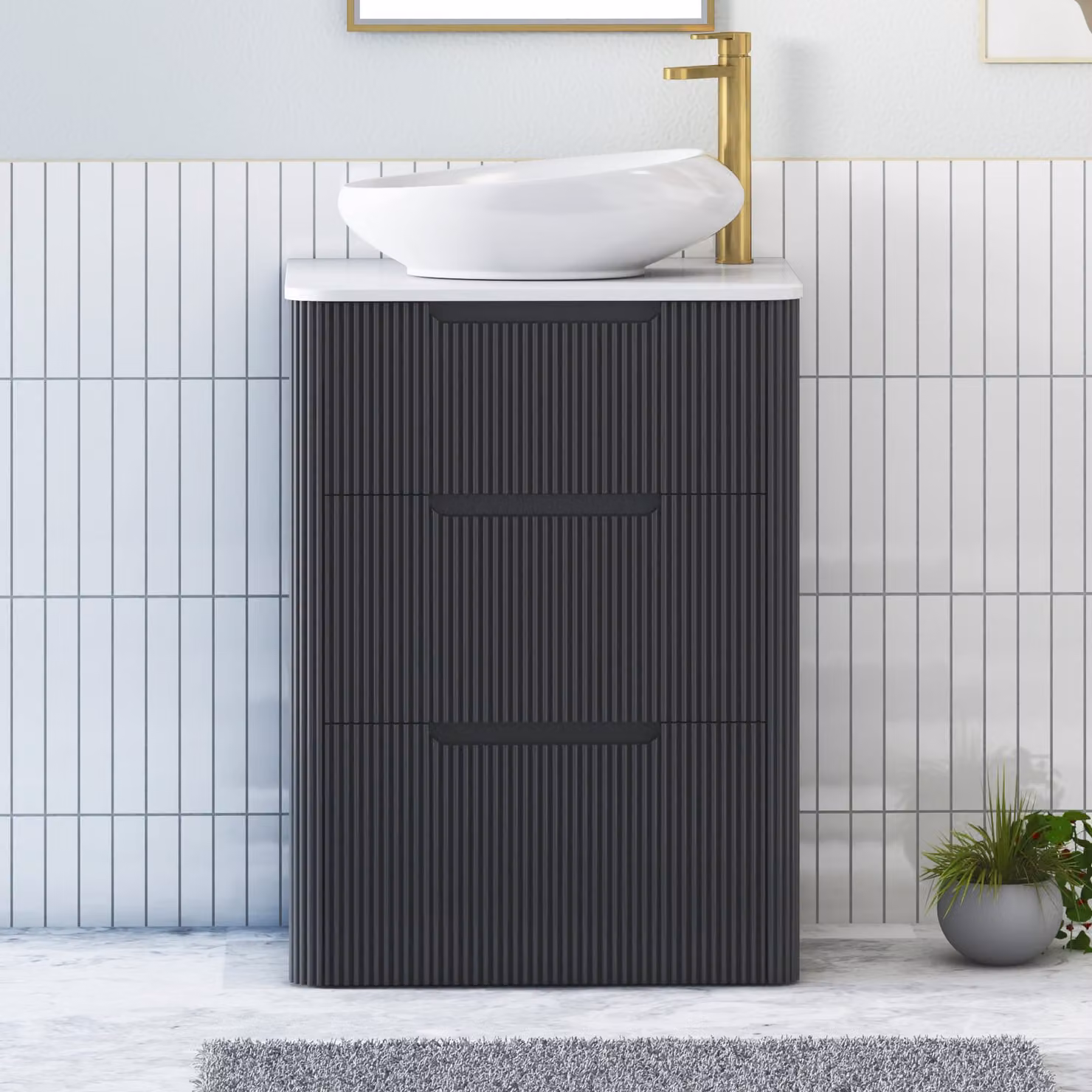 Royal Bathrooms Avenza 600mm Floor Standing 3 Drawer Vanity Unit in Matt Obsidian Black with Plain White Worktop and Nova Basin