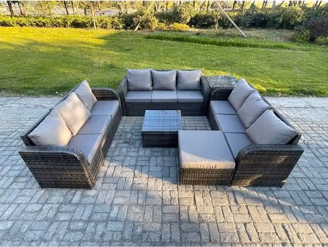 Fimous Modern Rattan Garden Furniture Set in Grey with 3-Seater Sofa, Coffee Table and Ottoman
