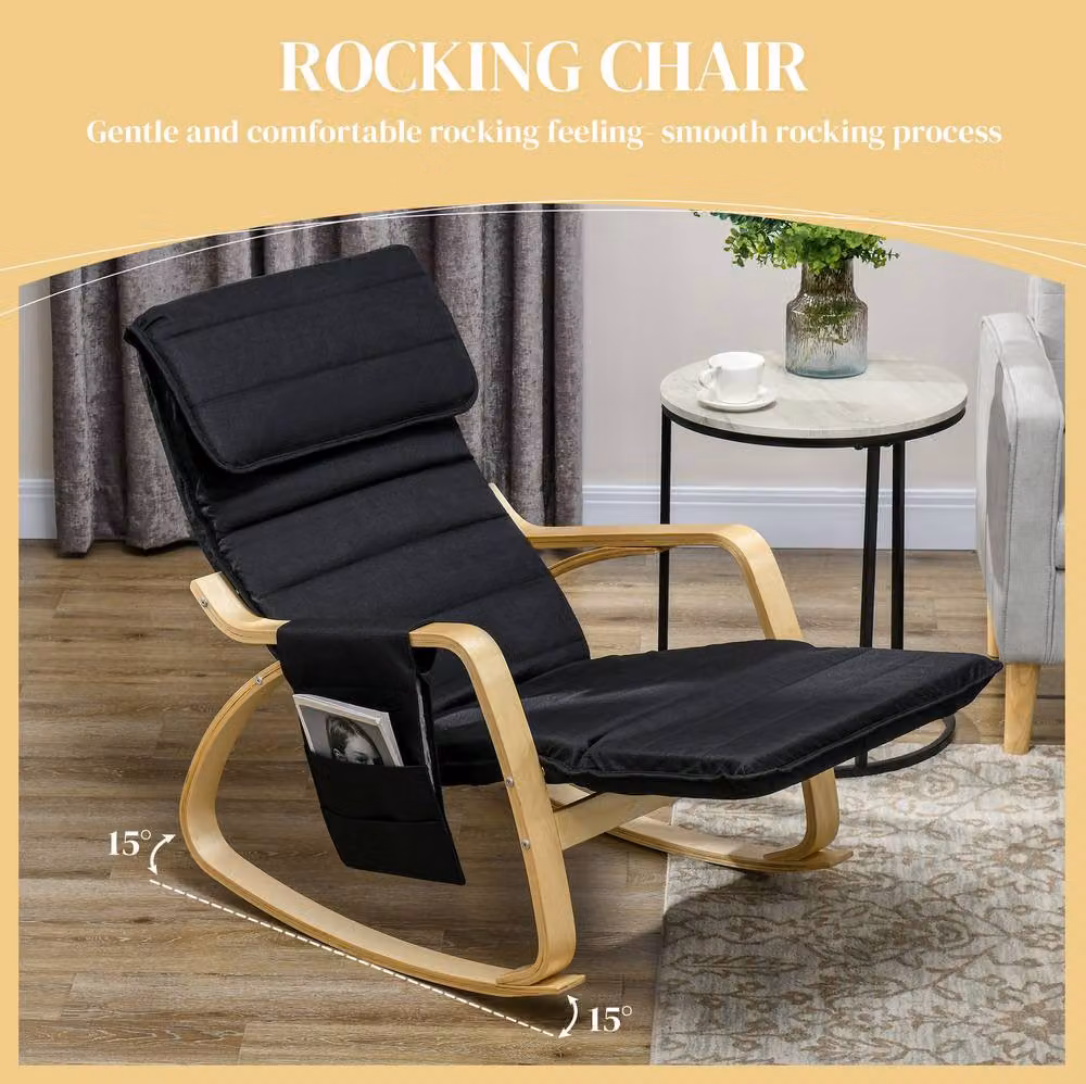 STILVORA Modern Rocking Chair with Adjustable Legrest, Side Pocket and Armrests in Black with Birch Wood Frame – 4