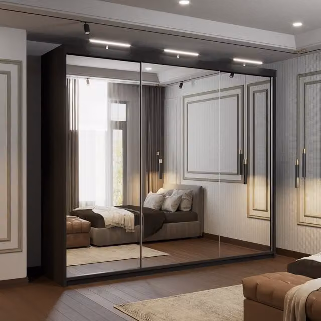 Sliding Wardrobes 4u Modern Sliding Door Wardrobe with Mirror, Internal Shelves, Hanging Rod and Integrated LED Lighting in White and Black, W: 250 cm