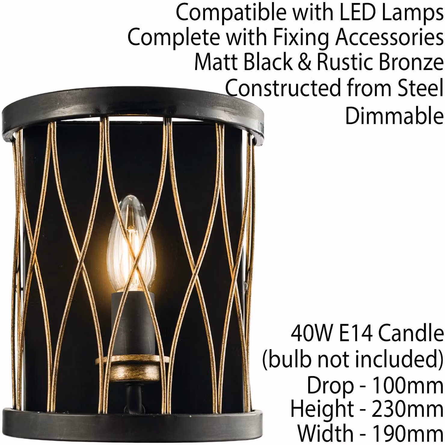 Loops Dimmable LED Industrial Wall Light in Matt Black and Bronze Metal Cage Lantern – 2