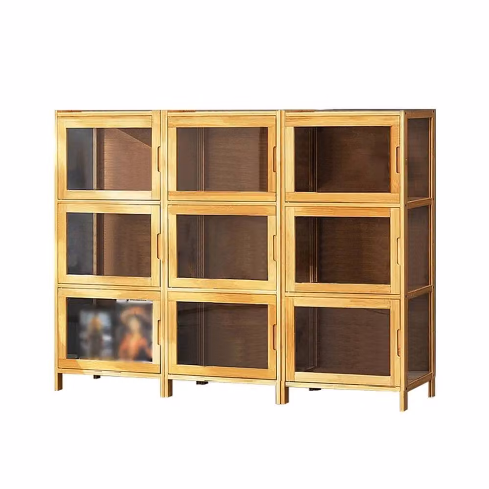 VOGREX 3-Tier Bamboo Display Shelf with Glass Doors in Brown – 5