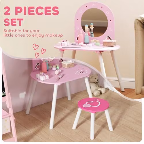 AIYAPLAY Kids Dressing Table with Mirror and Stool, Pink, W/D/H: 83.0 x 43.5 x 43.5 cm – 2
