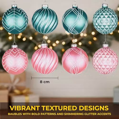Shatchi 12-Piece Set of Glass Christmas Baubles in Green, Pink and Blue, 8 cm Diameter – 5