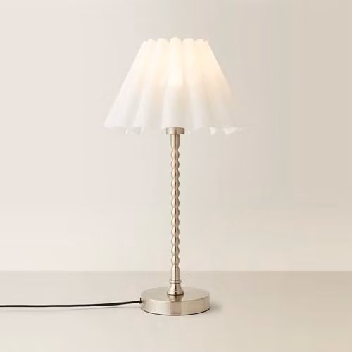 ValueLights Maeve White Scallop Pleated Taper Shade Table Lamp with Brushed Chrome Bobbin Base – 1