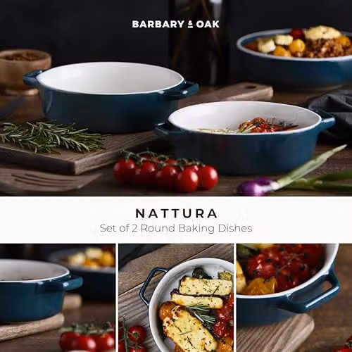 Barbary & Oak Nattura Set of Two Round Stoneware Gratin Dishes in Blue and Green, Diameter: 21.5 cm – 6