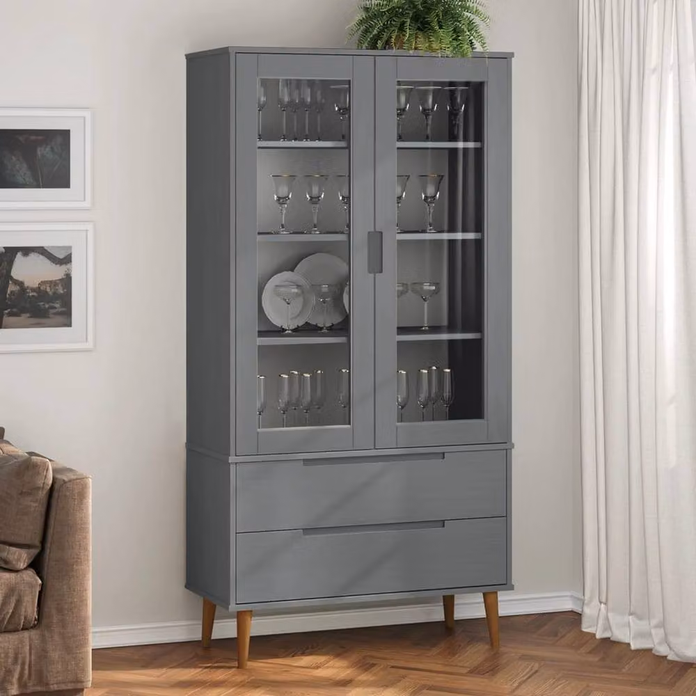 Berkfield Home MOLDE Vitrine Cabinet in Grey Solid Pine Wood with Glass Doors, W/D/H: 90 x 35 x 175 cm – 2