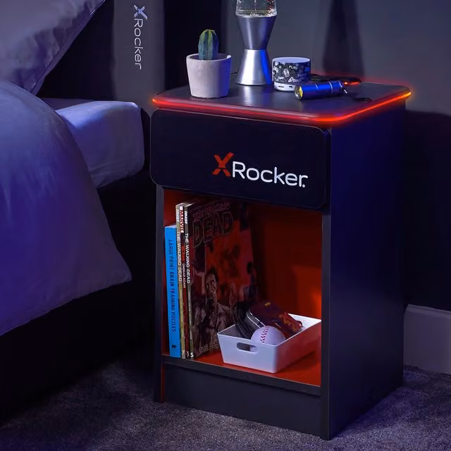X Rocker Carbon-Tek Bedside Table with LED Lighting and Wireless Charging, Grey and Red, W: 36 cm, D: 33 cm, H: 54 cm