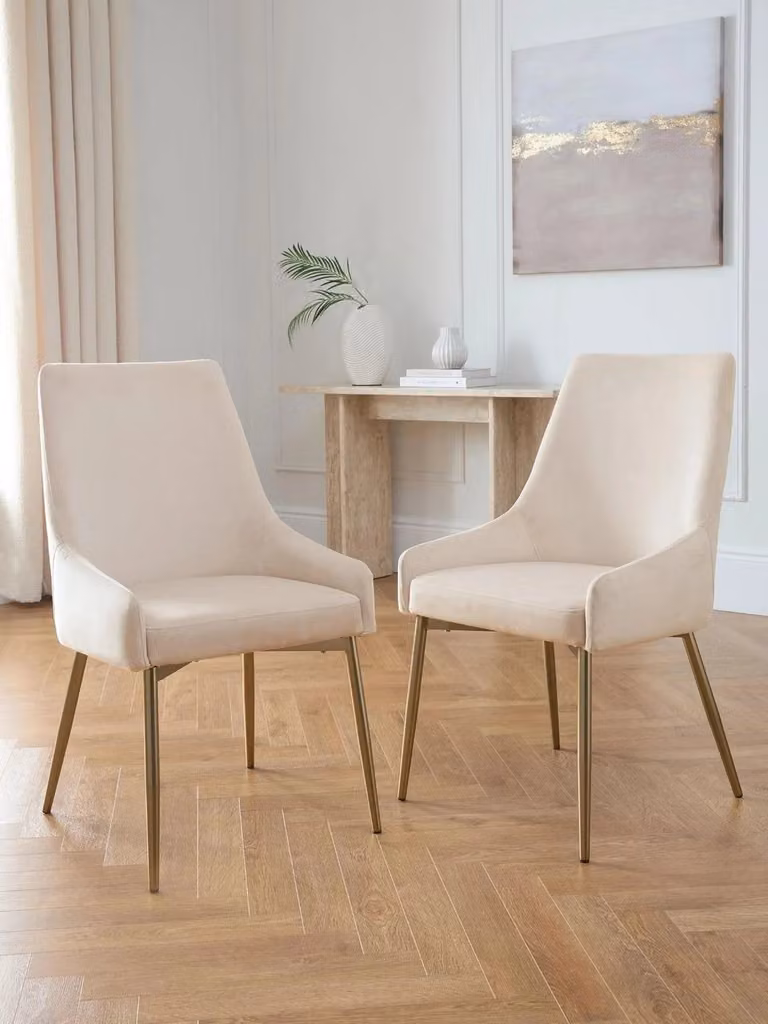 Nala Pair of Mid Century Dining Chairs in Beige Fabric with Brass Legs