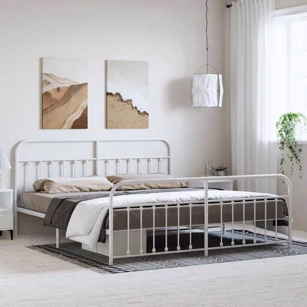 Berkfield Home Metal Bed Frame with Headboard and Footboard, White, W: 193 cm, D: 203 cm – 2