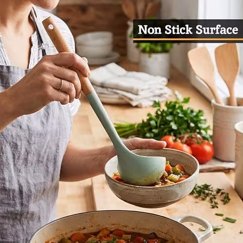 Premier Housewares Sage Green Silicone Head Ladle with Round Wood Handle, Heat-Resistant and Non-Scratch Kitchen Serving Spoon with Hanging Loop – 4