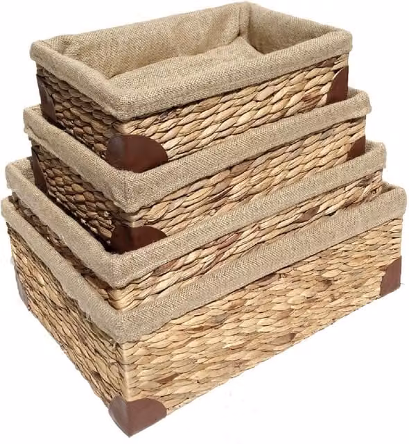Topfurnishing Woven Water Hyacinth Rectangle Storage Basket with Handles, Beige and Yellow, Width: 35.5 cm