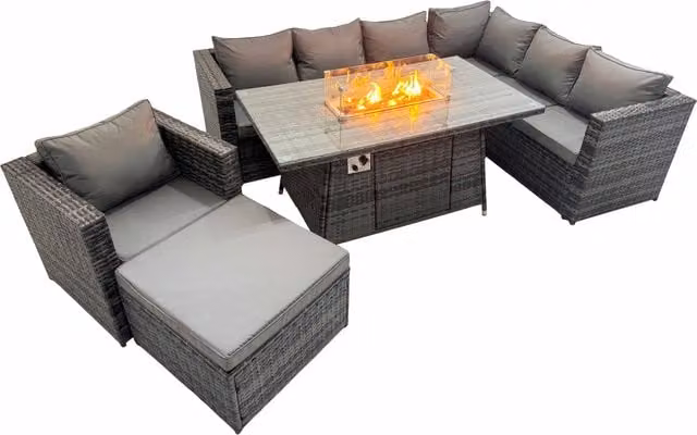 Fimous 8 Seater Rattan Garden Furniture Set with L-Shape Corner Sofa and Lounge Armchairs in Dark Grey – 1
