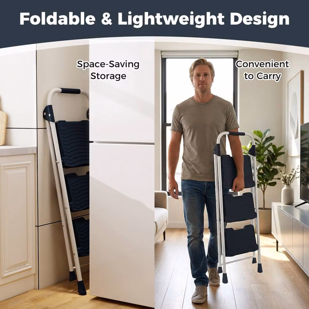 Costway 3 Step Folding Ladder in Blue Carbon Steel – 4