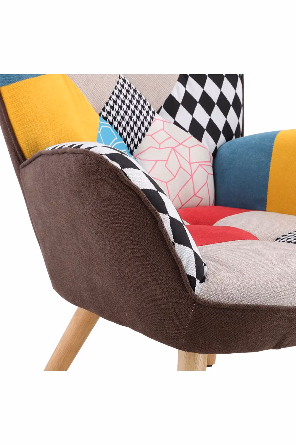 Living and Home Multicolour Patchwork Tufted Linen Tub Accent Chair with Armrests and Wooden Legs – 4