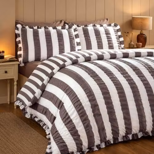 Catherine Lansfield Seersucker Frill Stripe Duvet Cover and Pillowcase Set, Brown, W/D/H: 220 x 230 cm – 1